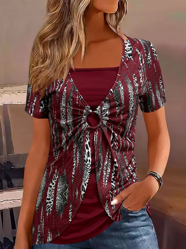 Print T-Shirt with Faux Layered Design - Square Neck, Short Sleeve, Stretchy Polyester Blend, Machine Washable - Maroon & Black, Perfect for Casual Outings