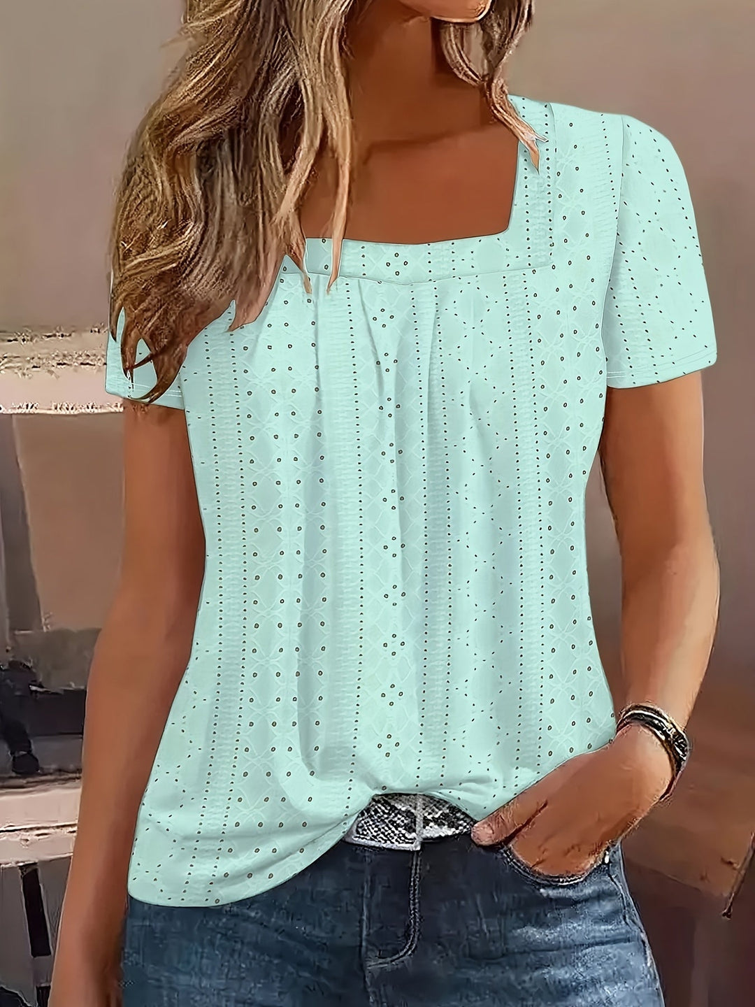 Eyelet Embroidered Square Neck T-shirt, Casual Short Sleeve Pleated Front Top For Spring & Summer, Women's Clothing