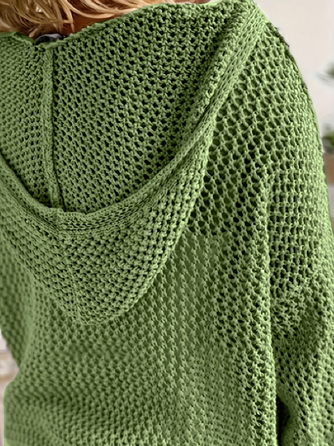 Hollow Out V-neck Knitted Sweater, Casual Long Sleeve Hooded Coverup Sweater, Women's Clothing