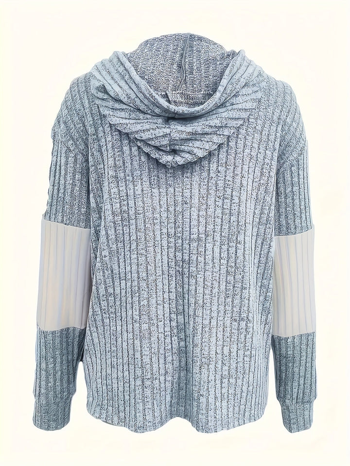 Color Block Zip-up Hoodie Jacket, Casual Long Sleeve Drawstring Ribbed Jacket For Spring & Fall, Women's Clothing