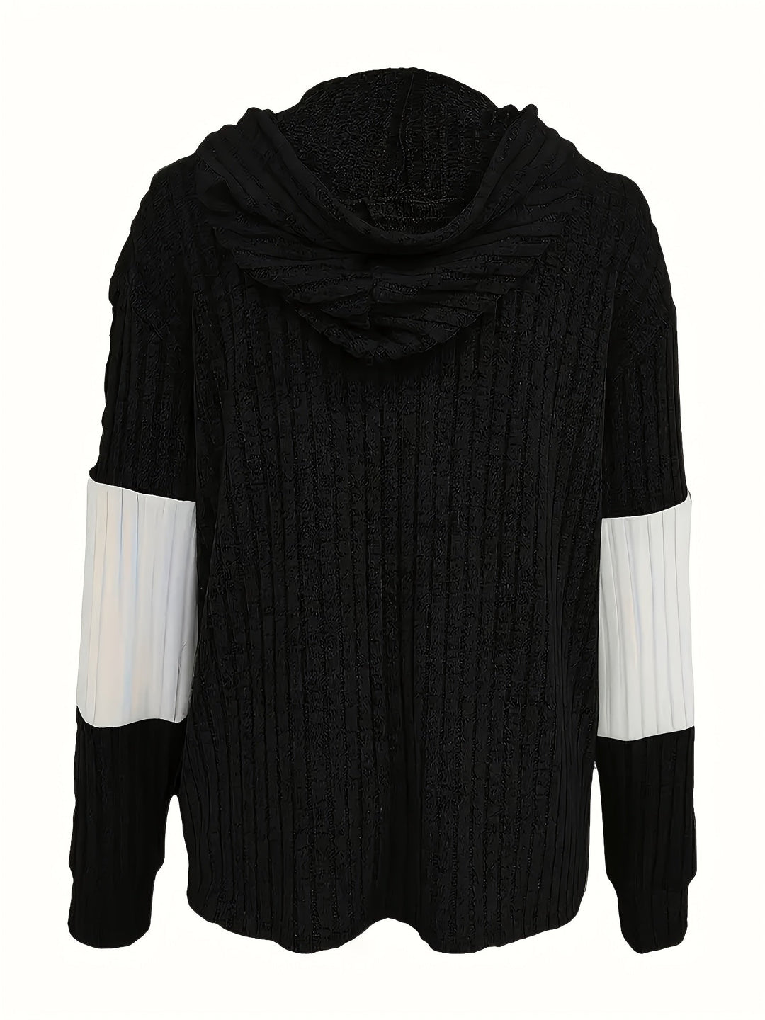 Color Block Zip-up Hoodie Jacket, Casual Long Sleeve Drawstring Ribbed Jacket For Spring & Fall, Women's Clothing
