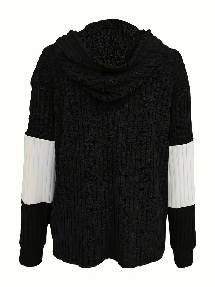 Color Block Zip-up Hoodie Jacket, Casual Long Sleeve Drawstring Ribbed Jacket For Spring & Fall, Women's Clothing