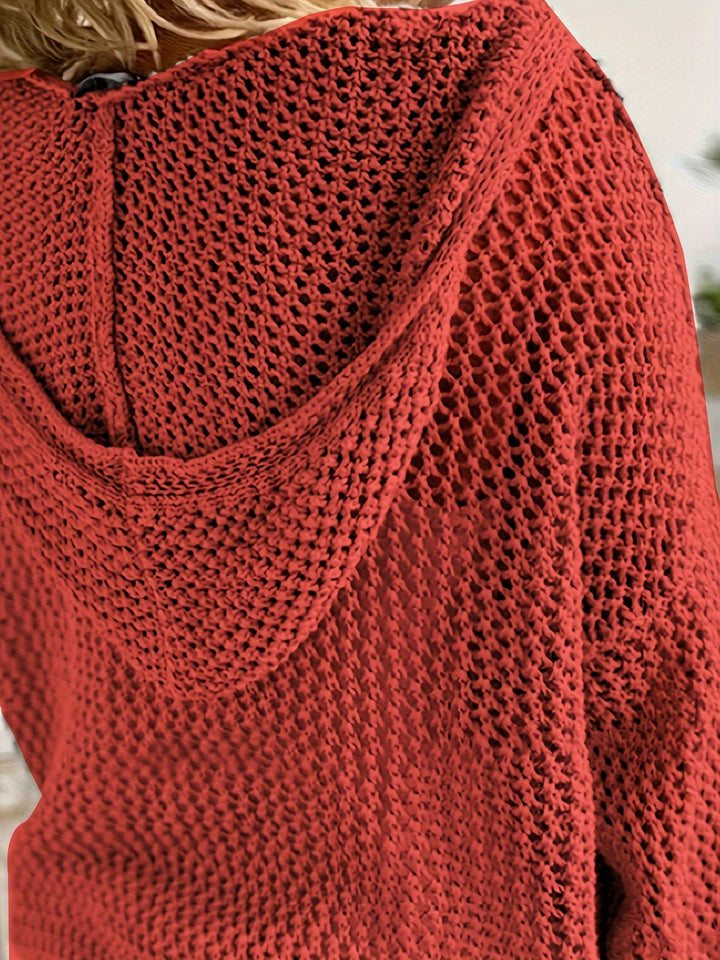 Hollow Out V-neck Knitted Sweater, Casual Long Sleeve Hooded Coverup Sweater, Women's Clothing