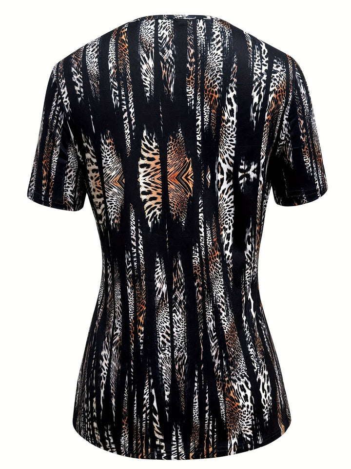 Print T-Shirt with Faux Layered Design - Square Neck, Short Sleeve, Stretchy Polyester Blend, Machine Washable - Maroon & Black, Perfect for Casual Outings
