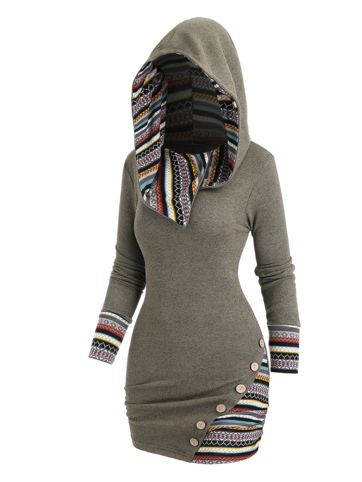 Women'S Tribal Geometric Stripe Patchwork Hooded Knit Dress, Long Sleeve Bodycon, Casual Style, 95% Polyester 5% Spandex, All Season, 240g/m² Knit Fabric, with Fake Buttons Detail