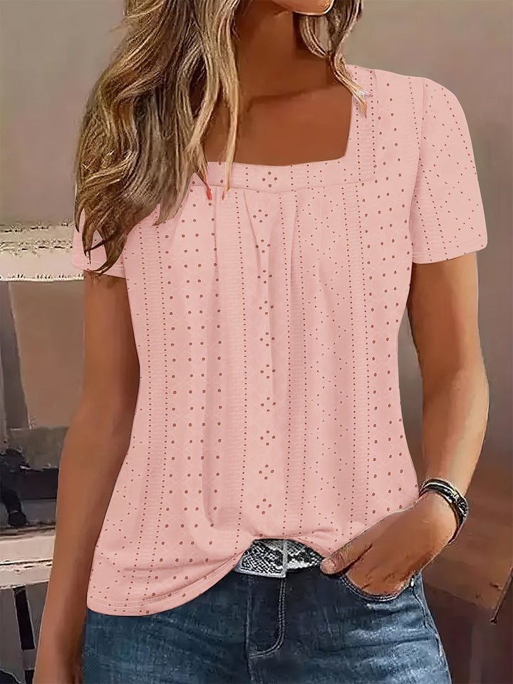 Eyelet Embroidered Square Neck T-shirt, Casual Short Sleeve Pleated Front Top For Spring & Summer, Women's Clothing