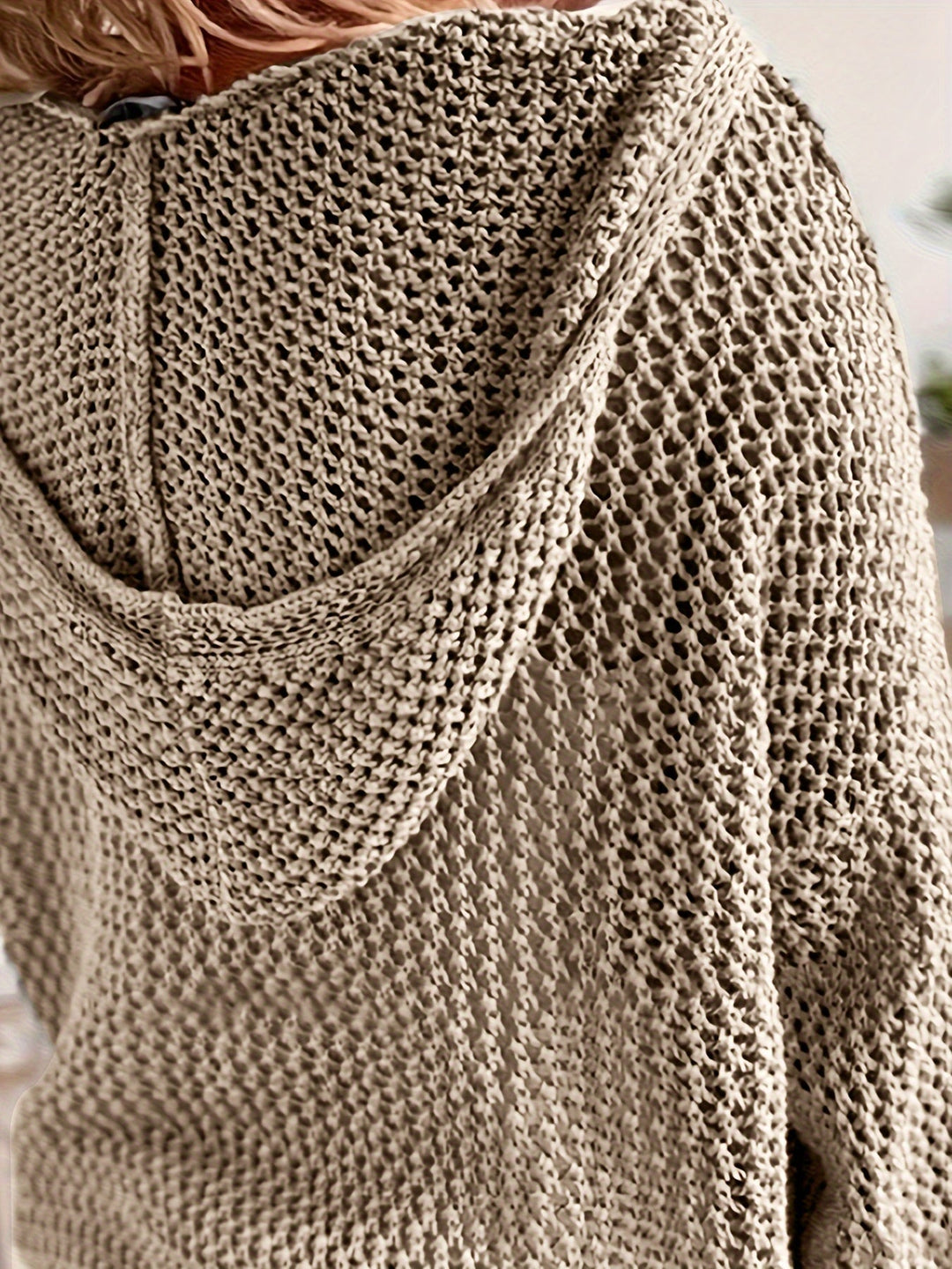 Hollow Out V-neck Knitted Sweater, Casual Long Sleeve Hooded Coverup Sweater, Women's Clothing