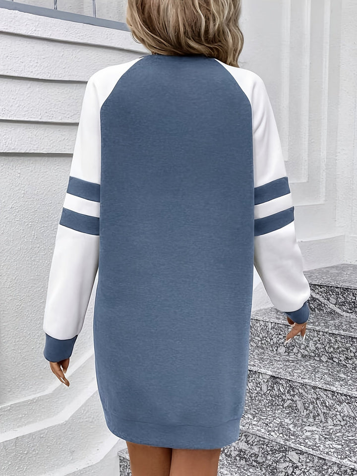 Color Block Raglan Long Sleeve Dress, Casual Crew Neck Above Knee Dress For Spring & Fall, Women's Clothing