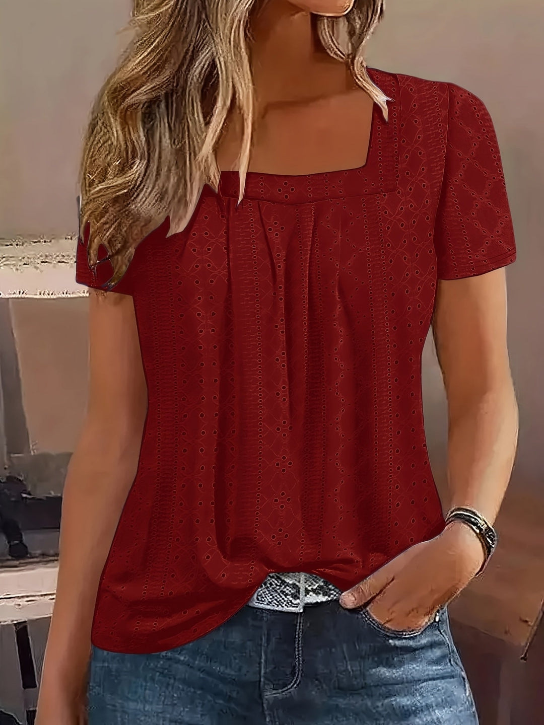 Eyelet Embroidered Square Neck T-shirt, Casual Short Sleeve Pleated Front Top For Spring & Summer, Women's Clothing
