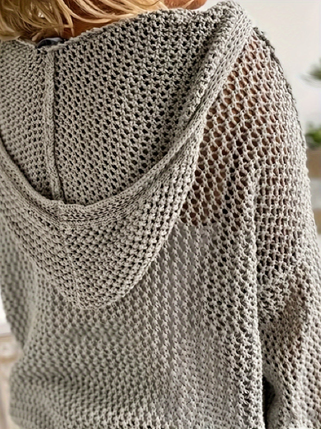 Hollow Out V-neck Knitted Sweater, Casual Long Sleeve Hooded Coverup Sweater, Women's Clothing