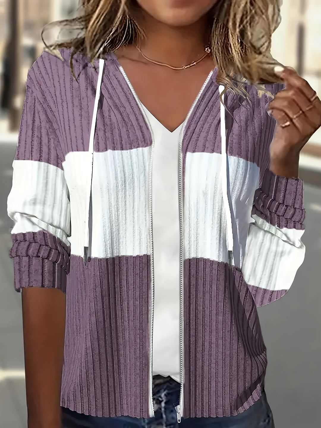 Color Block Zip-up Hoodie Jacket, Casual Long Sleeve Drawstring Ribbed Jacket For Spring & Fall, Women's Clothing