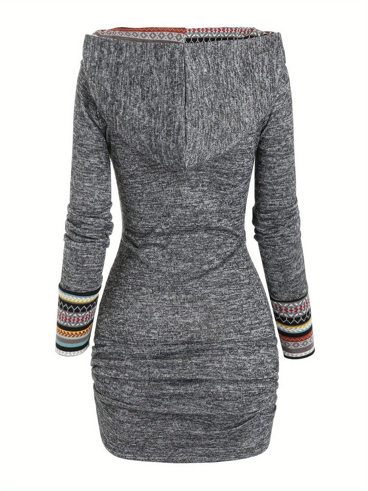 Women'S Tribal Geometric Stripe Patchwork Hooded Knit Dress, Long Sleeve Bodycon, Casual Style, 95% Polyester 5% Spandex, All Season, 240g/m² Knit Fabric, with Fake Buttons Detail