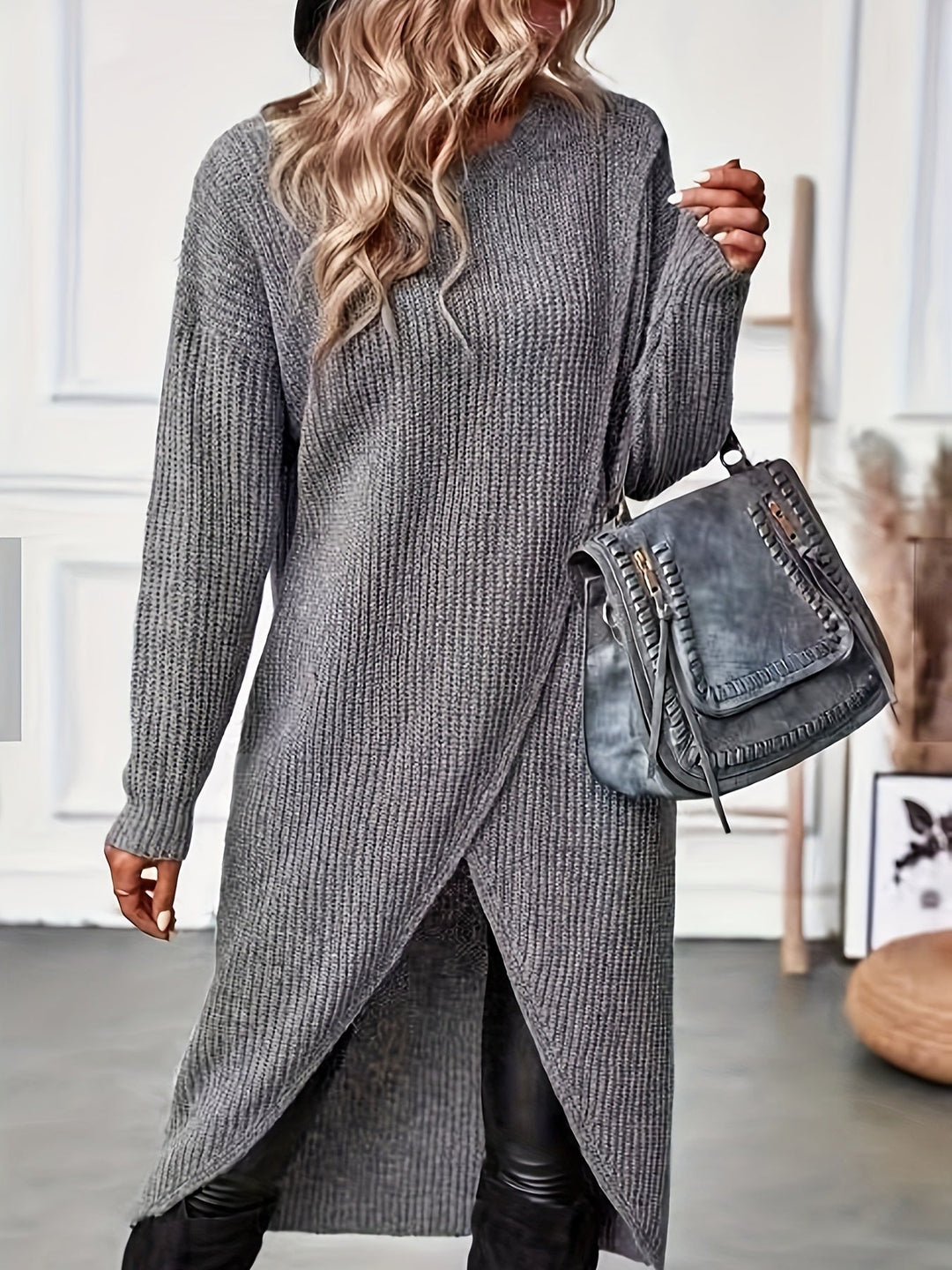 Stylish Knitted Dress, Round Neck Knitted Long Dress, Slit Design, Irregular Skirt, Women's Clothing