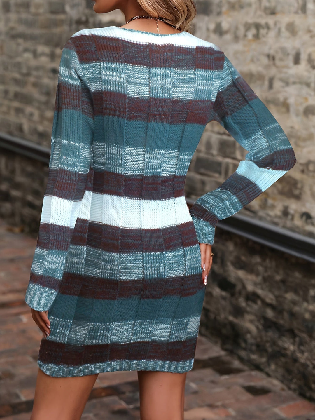 Color Block V Neck Sweater Dress, Casual Long Sleeve Loose Knit Dress for Fall & Winter, Women's Clothing, Knit Dress