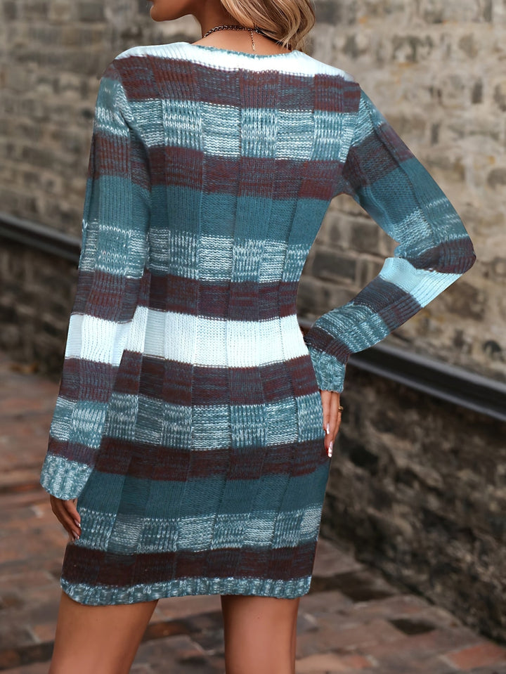 Color Block V Neck Sweater Dress, Casual Long Sleeve Loose Knit Dress for Fall & Winter, Women's Clothing, Knit Dress