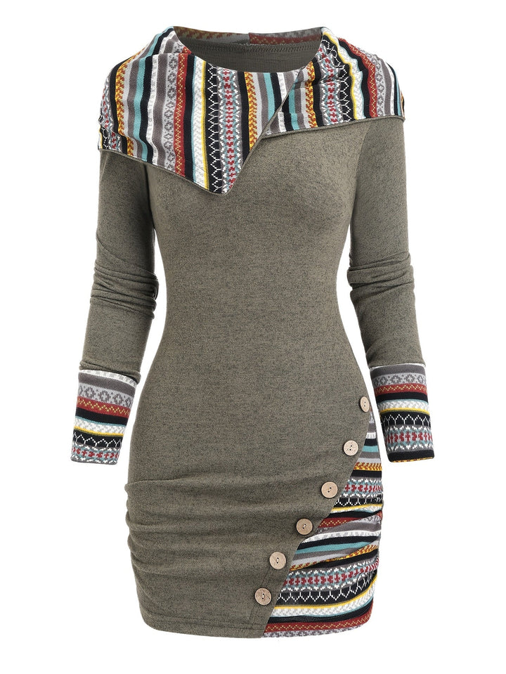 Women'S Tribal Geometric Stripe Patchwork Hooded Knit Dress, Long Sleeve Bodycon, Casual Style, 95% Polyester 5% Spandex, All Season, 240g/m² Knit Fabric, with Fake Buttons Detail