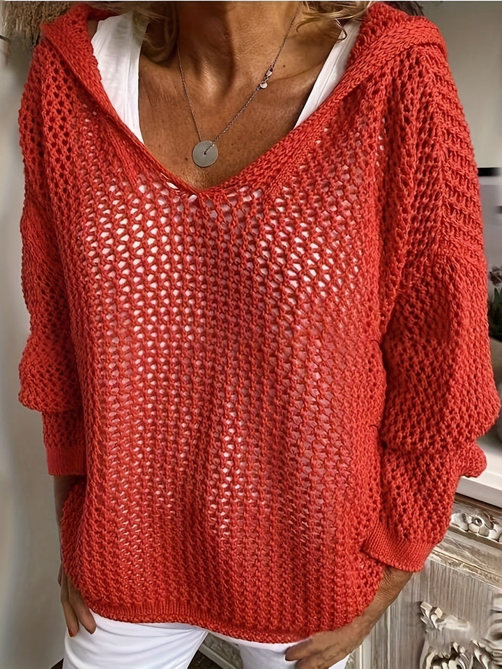 Hollow Out V-neck Knitted Sweater, Casual Long Sleeve Hooded Coverup Sweater, Women's Clothing
