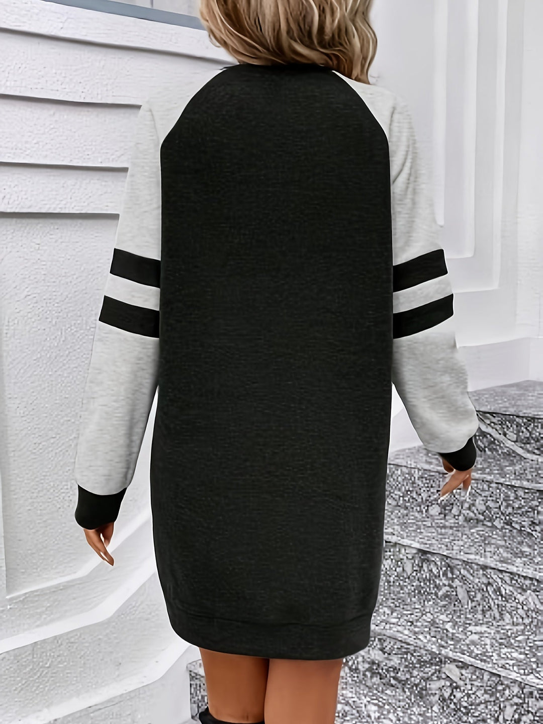 Color Block Raglan Long Sleeve Dress, Casual Crew Neck Above Knee Dress For Spring & Fall, Women's Clothing
