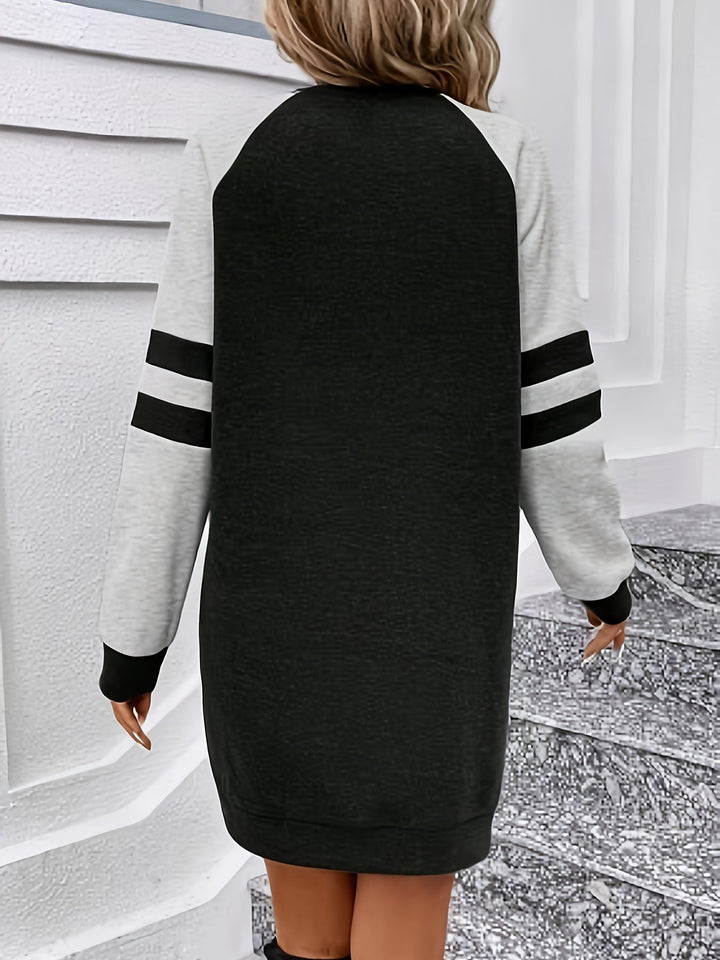 Color Block Raglan Long Sleeve Dress, Casual Crew Neck Above Knee Dress For Spring & Fall, Women's Clothing
