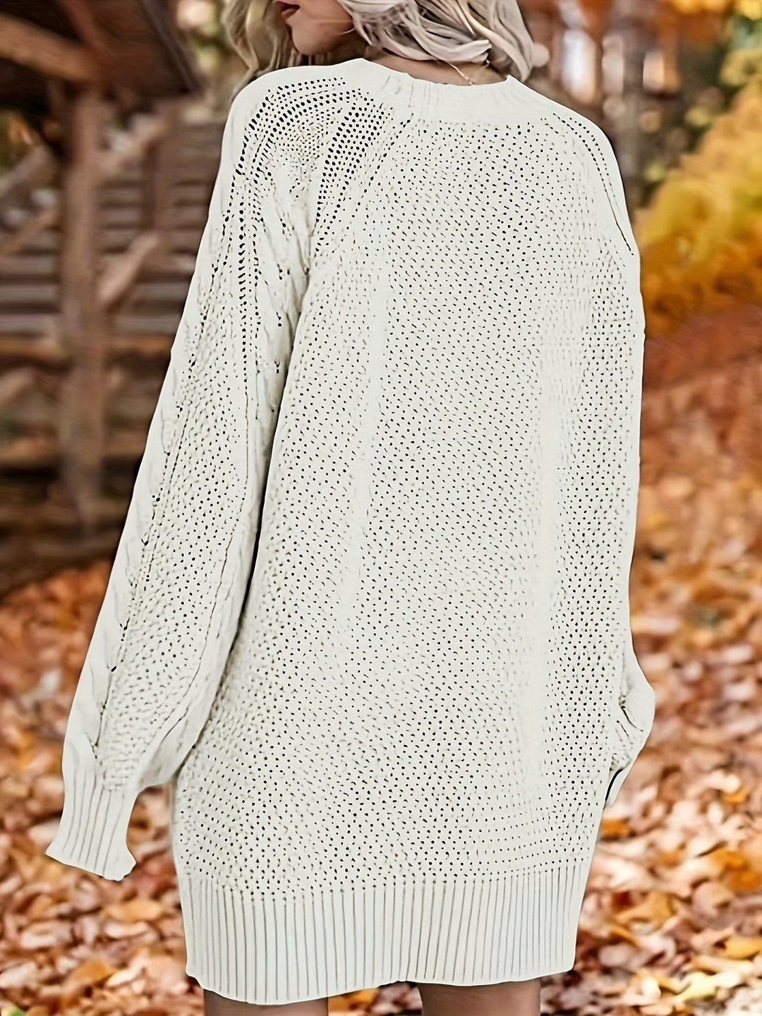 Cozy Women's Long Sleeve Cable Knit Dress, Casual Solid Color Crew Neck Loose Fit Knitted Dress for Everyday Wear