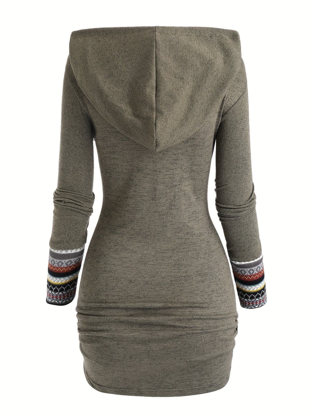 Women'S Tribal Geometric Stripe Patchwork Hooded Knit Dress, Long Sleeve Bodycon, Casual Style, 95% Polyester 5% Spandex, All Season, 240g/m² Knit Fabric, with Fake Buttons Detail