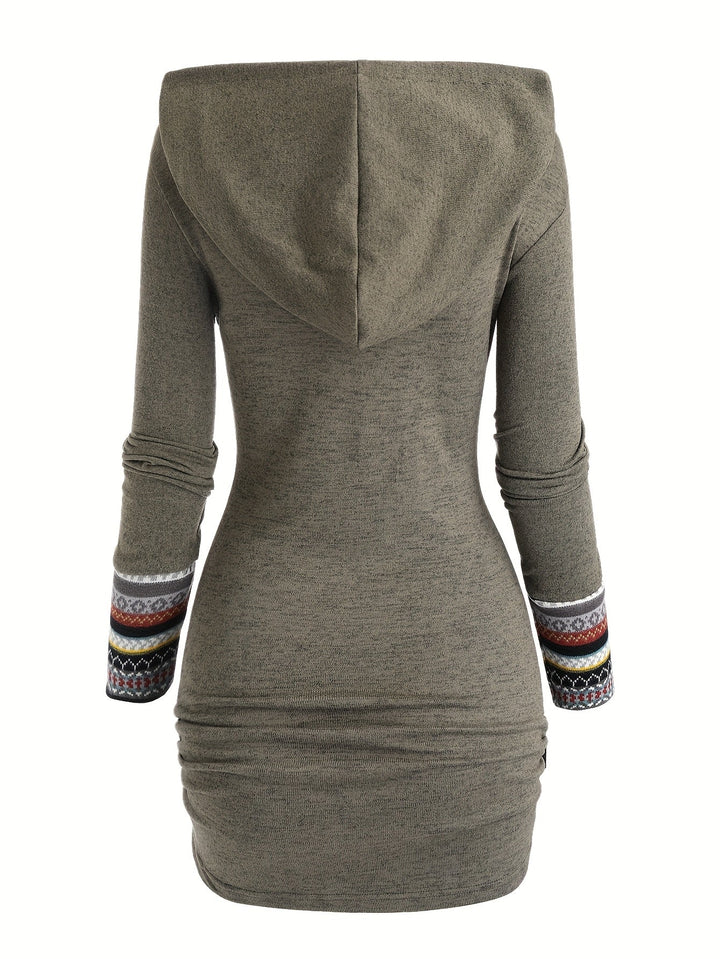 Women'S Tribal Geometric Stripe Patchwork Hooded Knit Dress, Long Sleeve Bodycon, Casual Style, 95% Polyester 5% Spandex, All Season, 240g/m² Knit Fabric, with Fake Buttons Detail