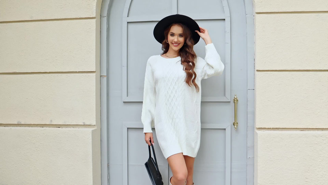 Cozy Women's Long Sleeve Cable Knit Dress, Casual Solid Color Crew Neck Loose Fit Knitted Dress for Everyday Wear