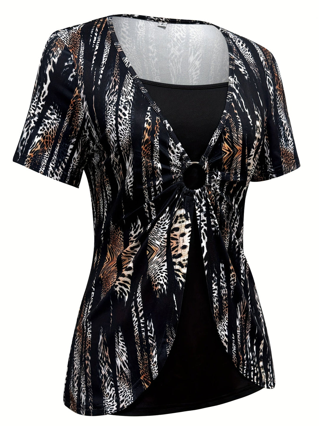 Print T-Shirt with Faux Layered Design - Square Neck, Short Sleeve, Stretchy Polyester Blend, Machine Washable - Maroon & Black, Perfect for Casual Outings