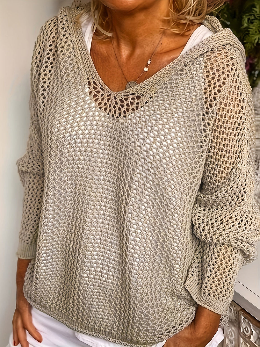 Hollow Out V-neck Knitted Sweater, Casual Long Sleeve Hooded Coverup Sweater, Women's Clothing