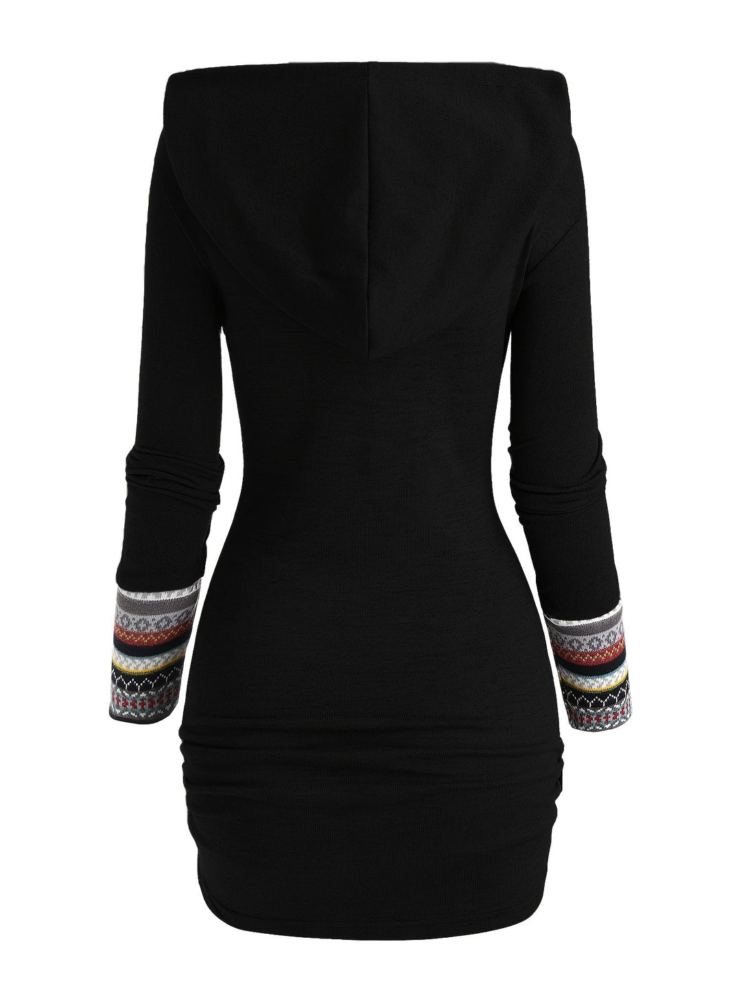 Women'S Tribal Geometric Stripe Patchwork Hooded Knit Dress, Long Sleeve Bodycon, Casual Style, 95% Polyester 5% Spandex, All Season, 240g/m² Knit Fabric, with Fake Buttons Detail