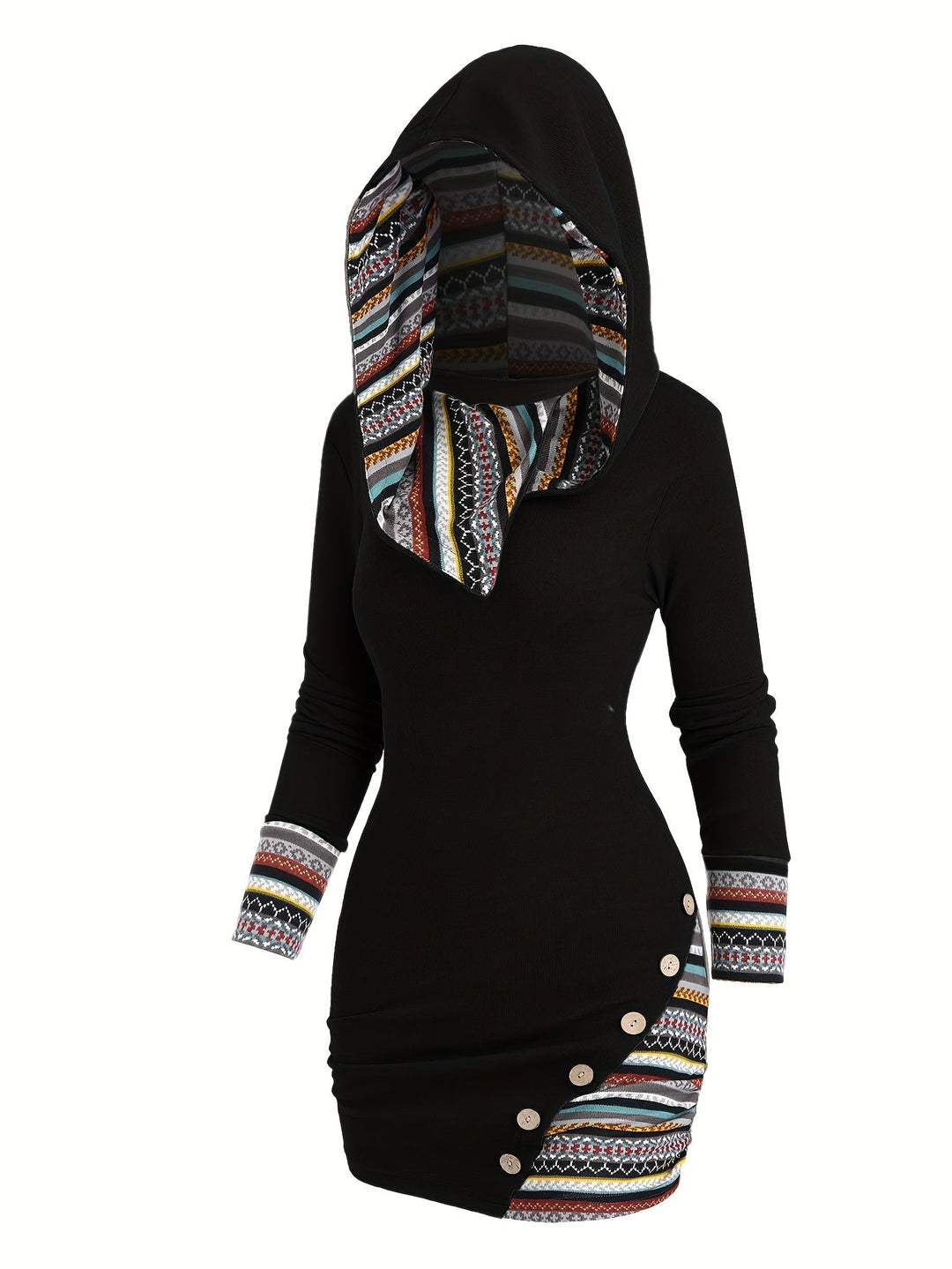 Women'S Tribal Geometric Stripe Patchwork Hooded Knit Dress, Long Sleeve Bodycon, Casual Style, 95% Polyester 5% Spandex, All Season, 240g/m² Knit Fabric, with Fake Buttons Detail