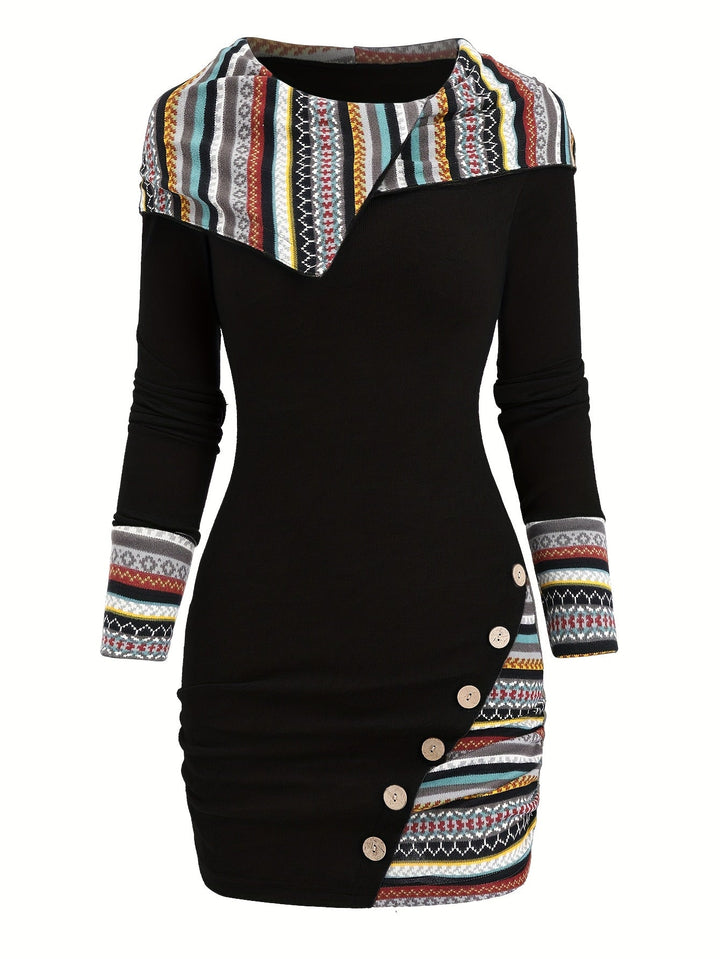 Women'S Tribal Geometric Stripe Patchwork Hooded Knit Dress, Long Sleeve Bodycon, Casual Style, 95% Polyester 5% Spandex, All Season, 240g/m² Knit Fabric, with Fake Buttons Detail
