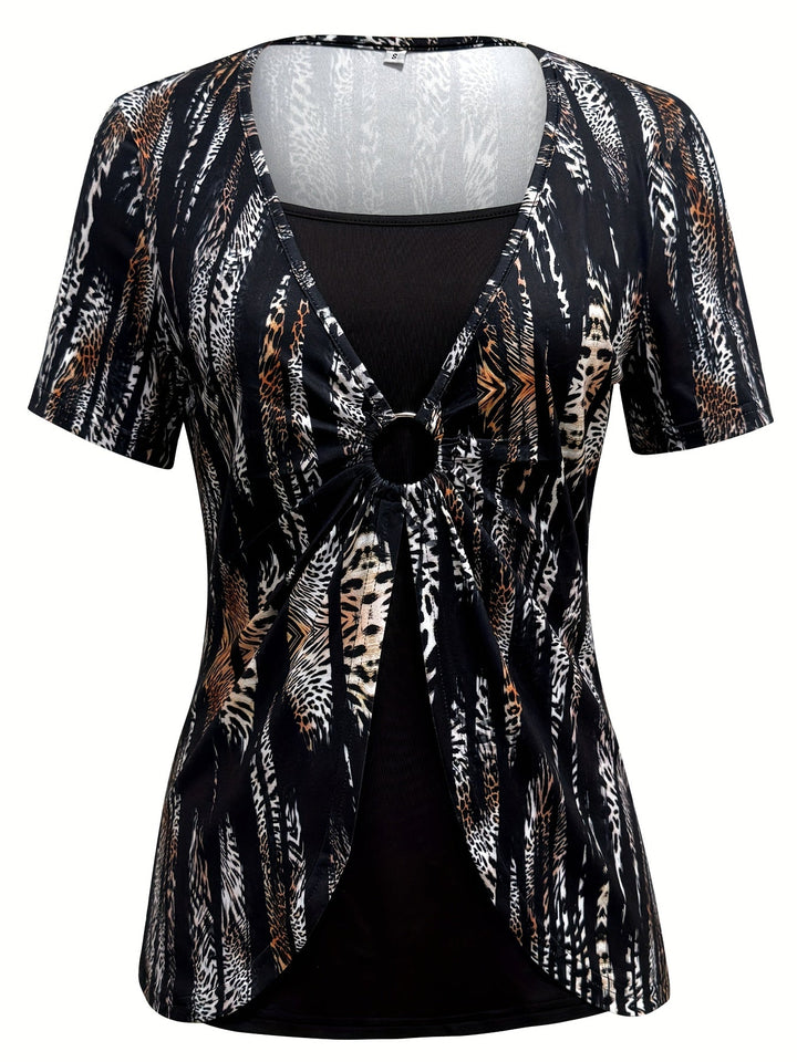 Print T-Shirt with Faux Layered Design - Square Neck, Short Sleeve, Stretchy Polyester Blend, Machine Washable - Maroon & Black, Perfect for Casual Outings
