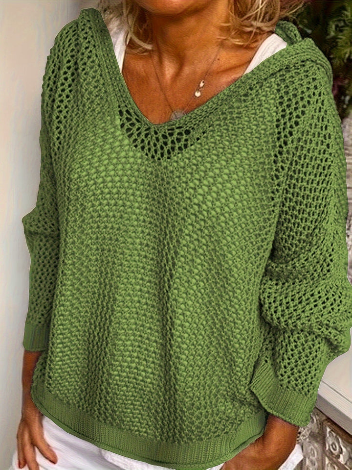 Hollow Out V-neck Knitted Sweater, Casual Long Sleeve Hooded Coverup Sweater, Women's Clothing