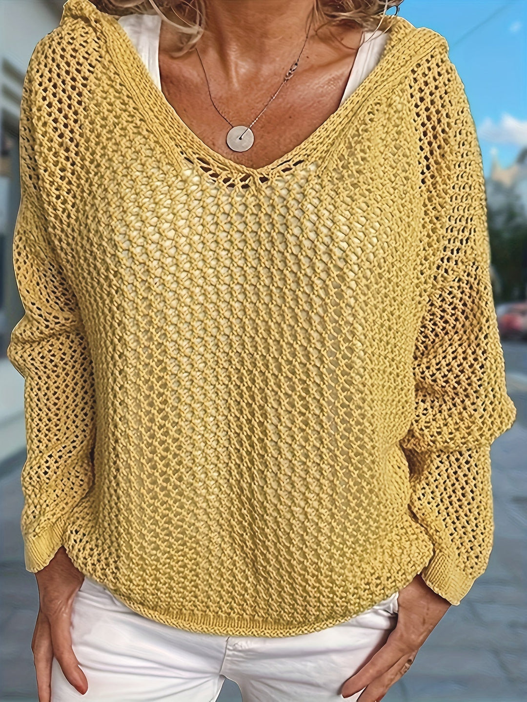Hollow Out V-neck Knitted Sweater, Casual Long Sleeve Hooded Coverup Sweater, Women's Clothing