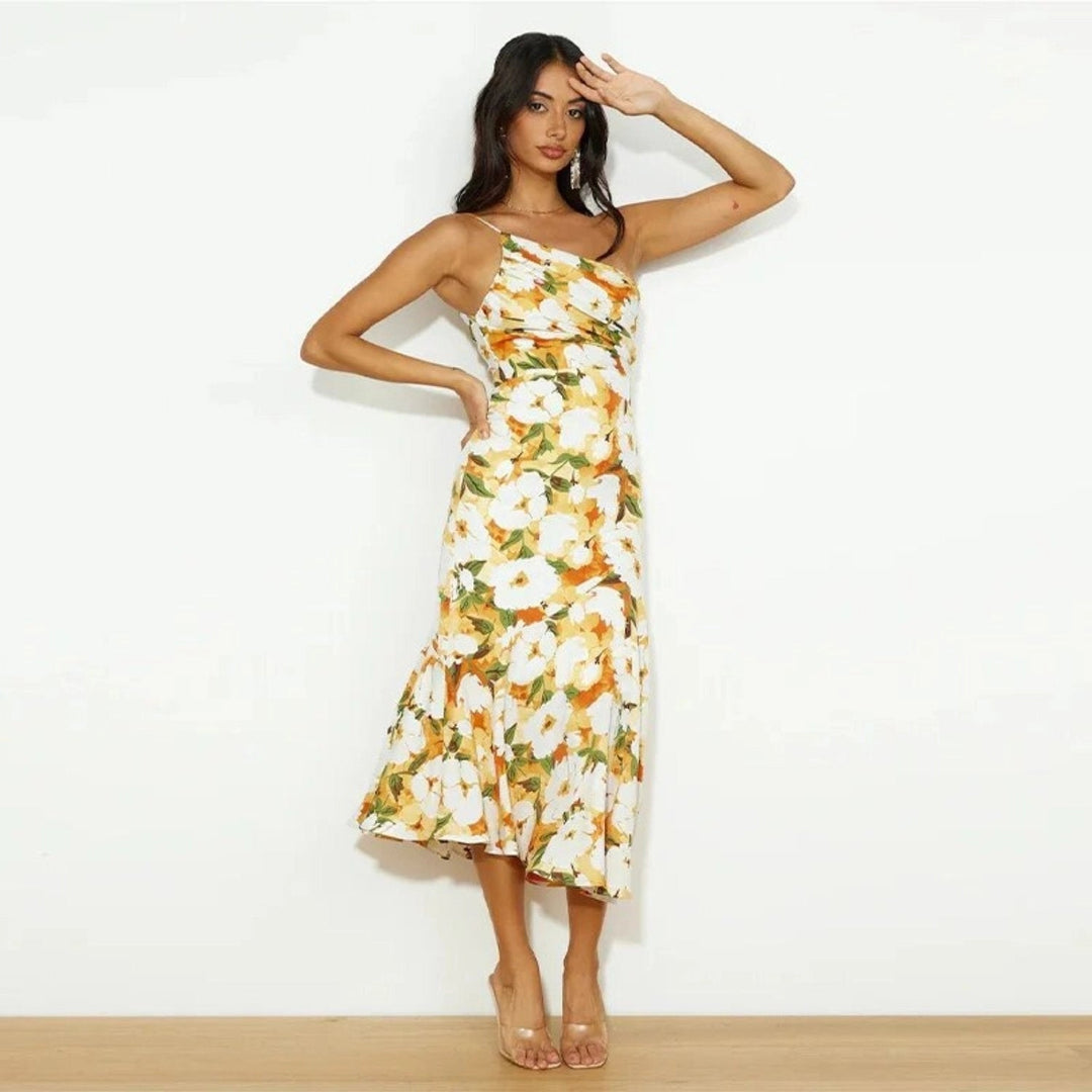 "Sienna - Asymmetric Floral Print Maxi Dress