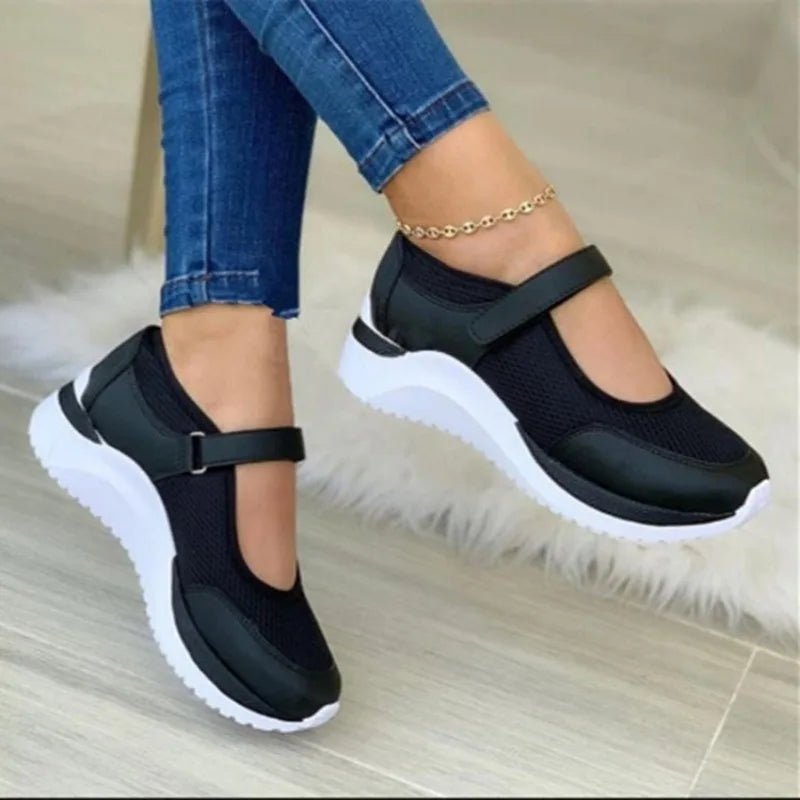 Ronde kop Gebreide damesschoenen met dikke zool Enkele schoenen Dames Grote maat 36-43 Raster Casual damesschoenen Sneakers Dames