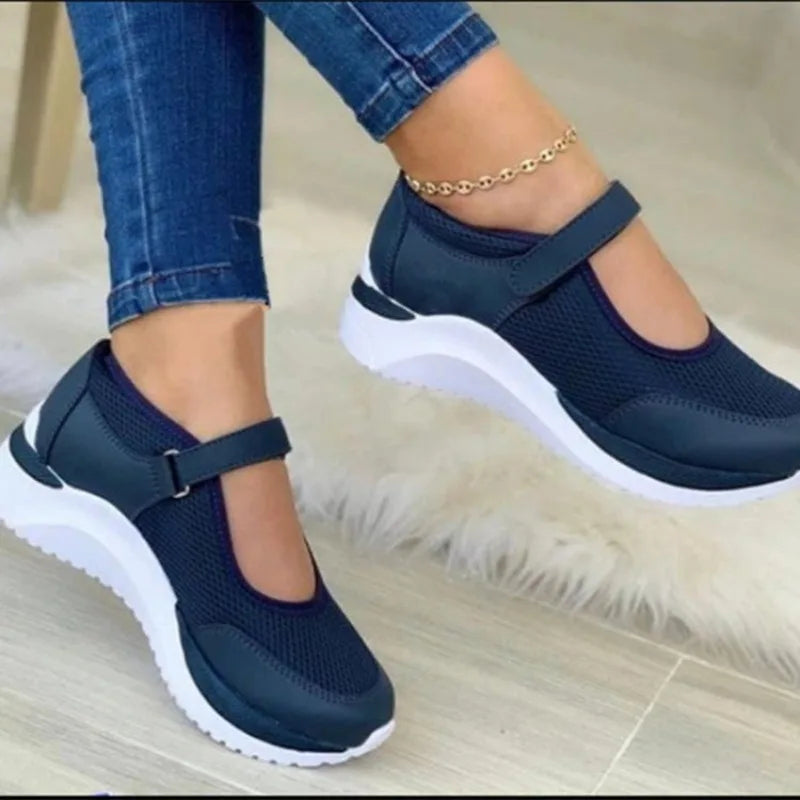 Ronde kop Gebreide damesschoenen met dikke zool Enkele schoenen Dames Grote maat 36-43 Raster Casual damesschoenen Sneakers Dames