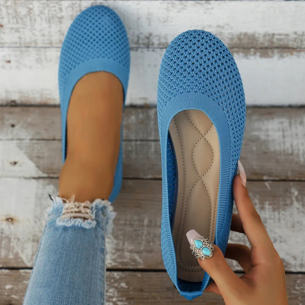 Women Round Toe Flat Shoes Solid Color Knitted Slip on Shoes Casual Breathable Ballet Flats Women Mesh Flat Shoes Loafers Woman