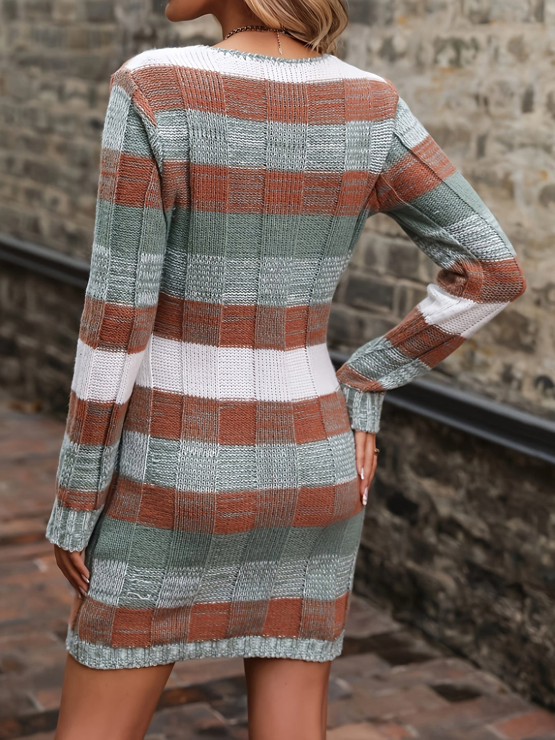 Color Block V Neck Sweater Dress, Casual Long Sleeve Loose Knit Dress for Fall & Winter, Women's Clothing, Knit Dress
