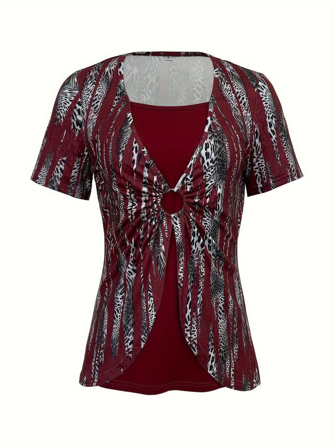 Print T-Shirt with Faux Layered Design - Square Neck, Short Sleeve, Stretchy Polyester Blend, Machine Washable - Maroon & Black, Perfect for Casual Outings