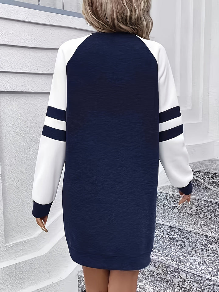 Color Block Raglan Long Sleeve Dress, Casual Crew Neck Above Knee Dress For Spring & Fall, Women's Clothing