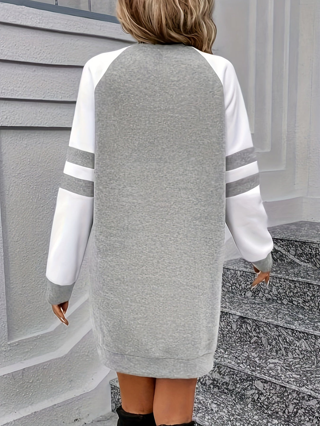 Color Block Raglan Long Sleeve Dress, Casual Crew Neck Above Knee Dress For Spring & Fall, Women's Clothing