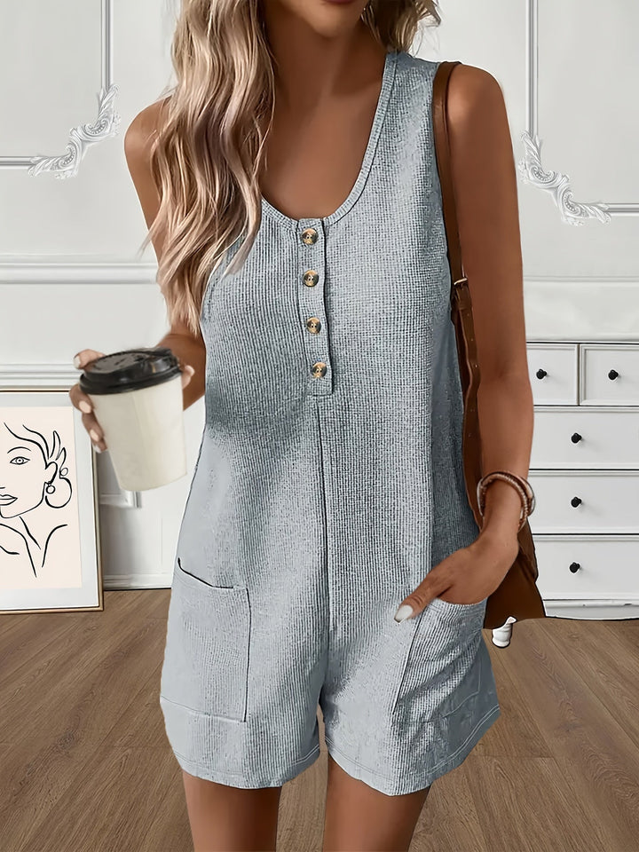 Button Front Romper Jumpsuit With Pockets, Casual Solid Color Sleeveless Romper Jumpsuit For Summer, Women's Clothing