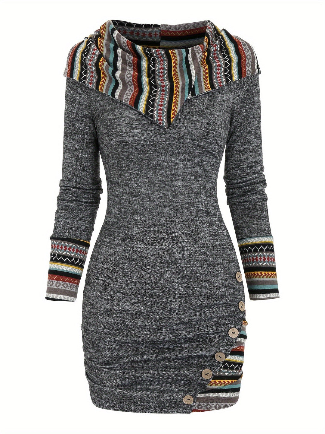 Women'S Tribal Geometric Stripe Patchwork Hooded Knit Dress, Long Sleeve Bodycon, Casual Style, 95% Polyester 5% Spandex, All Season, 240g/m² Knit Fabric, with Fake Buttons Detail