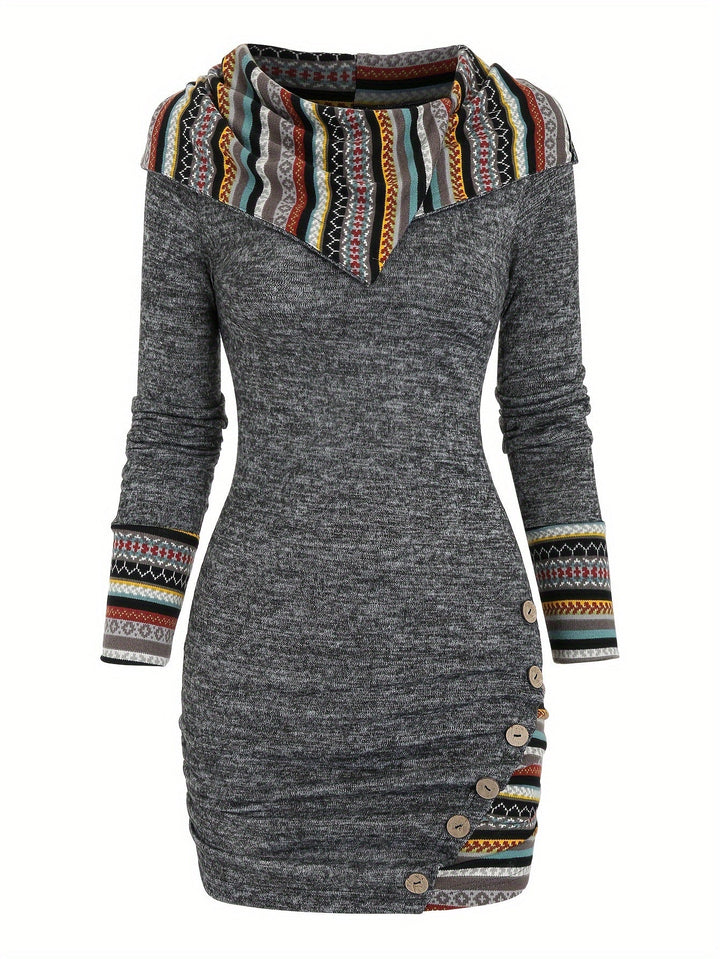 Women'S Tribal Geometric Stripe Patchwork Hooded Knit Dress, Long Sleeve Bodycon, Casual Style, 95% Polyester 5% Spandex, All Season, 240g/m² Knit Fabric, with Fake Buttons Detail