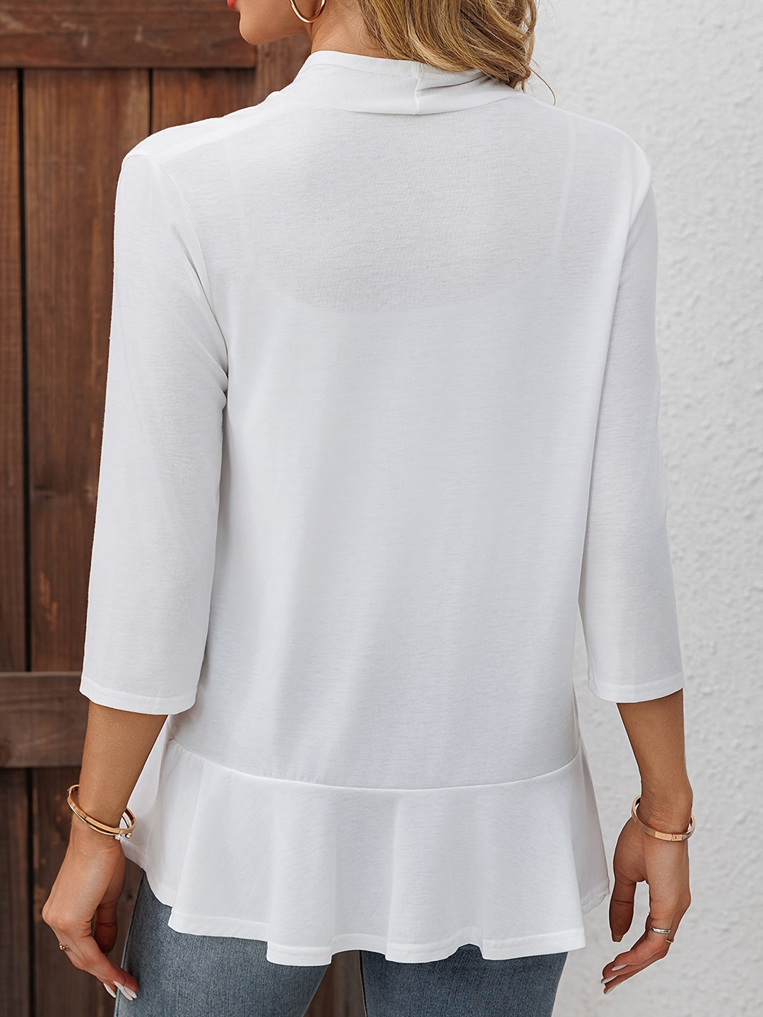 Solid Color Open Front Ruffle Hem Cardigan, Casual Three-quarter Sleeve Cardigan For Summer & Spring, Women's Clothing