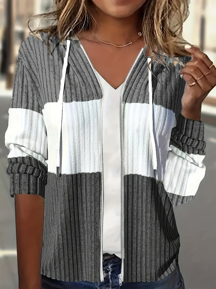 Color Block Zip-up Hoodie Jacket, Casual Long Sleeve Drawstring Ribbed Jacket For Spring & Fall, Women's Clothing