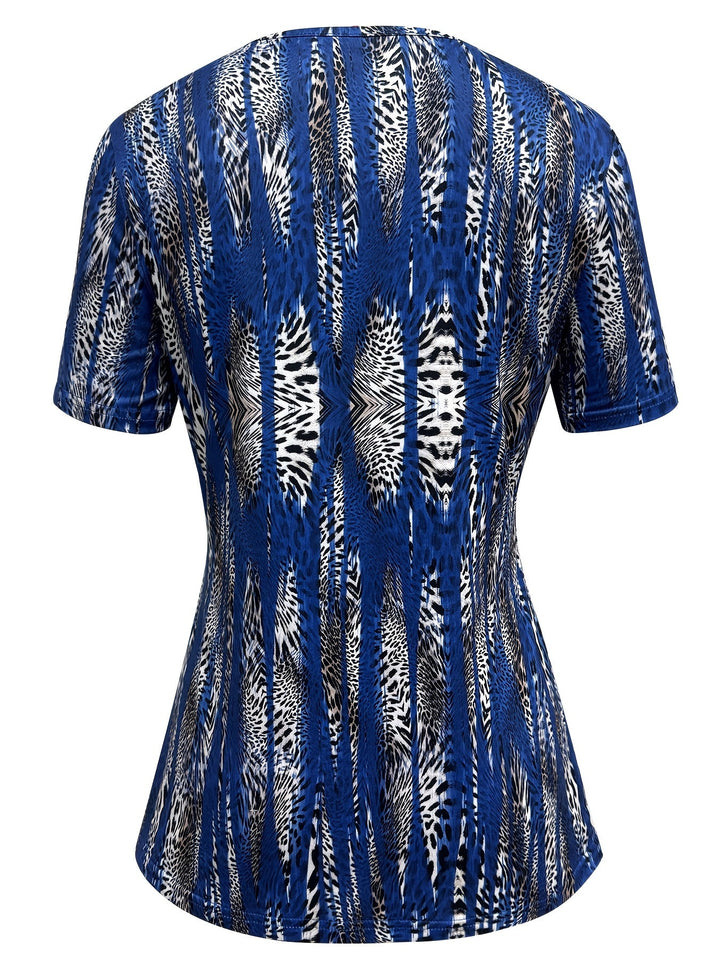 Print T-Shirt with Faux Layered Design - Square Neck, Short Sleeve, Stretchy Polyester Blend, Machine Washable - Maroon & Black, Perfect for Casual Outings