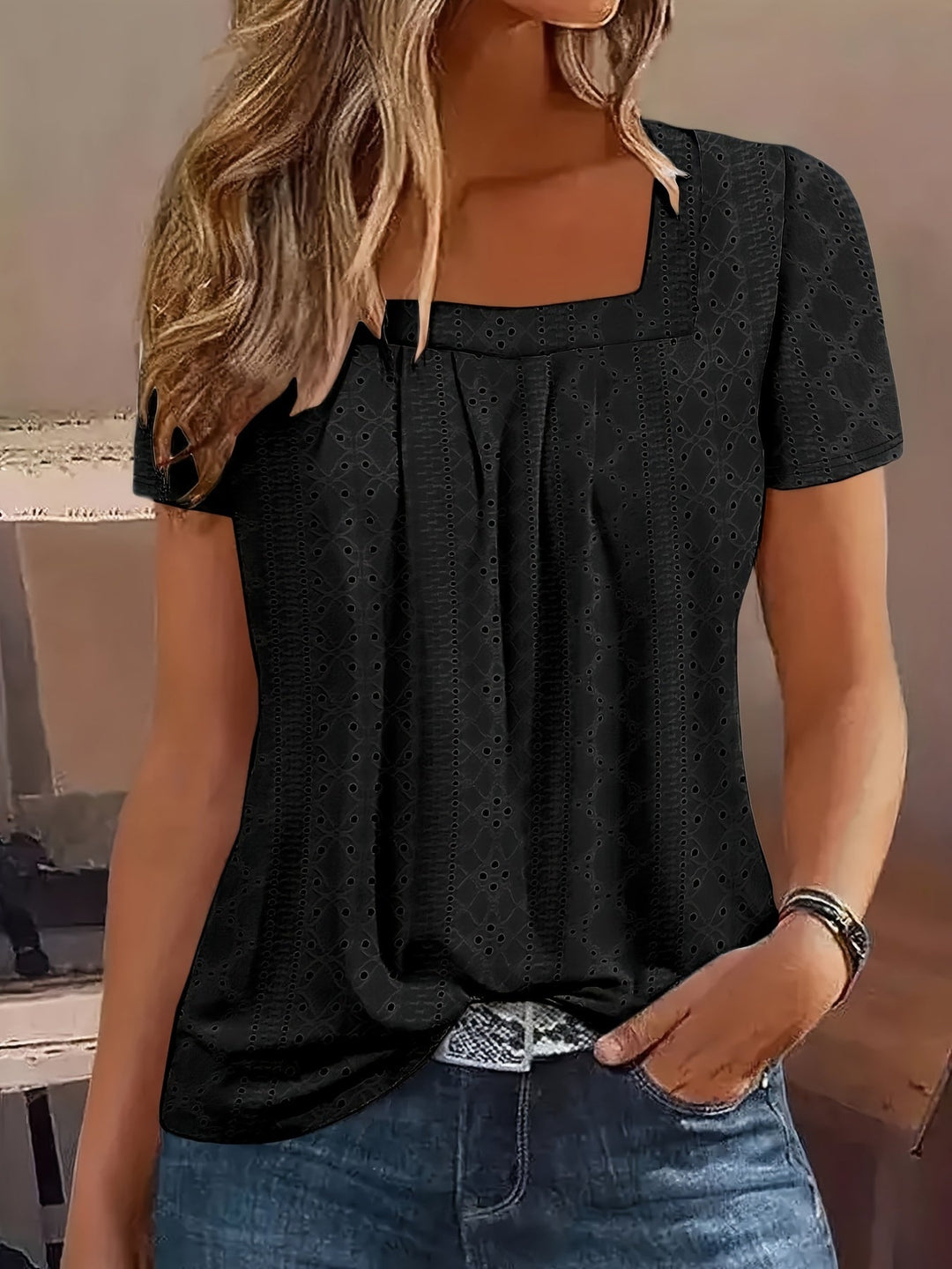 Eyelet Embroidered Square Neck T-shirt, Casual Short Sleeve Pleated Front Top For Spring & Summer, Women's Clothing